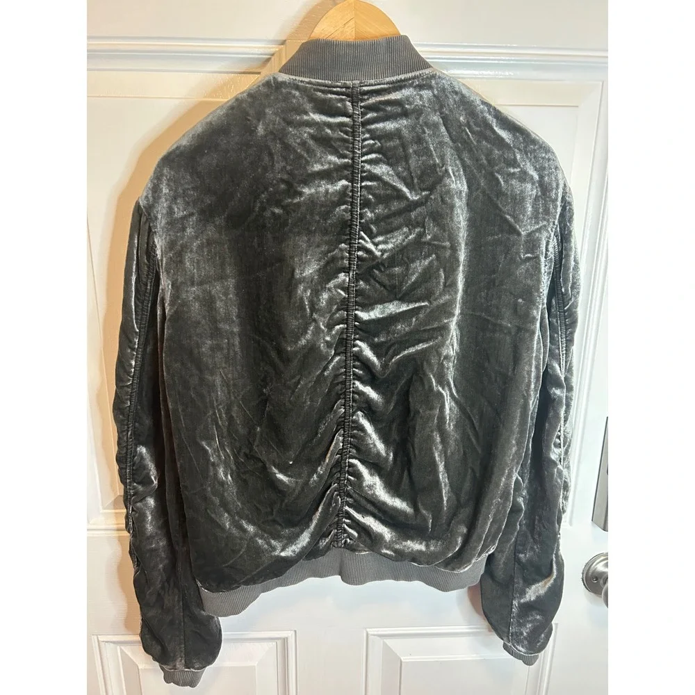 Free People Bomber Jacket sage green Velvet Ruched Sleeve‎ Full Zip Coat XS